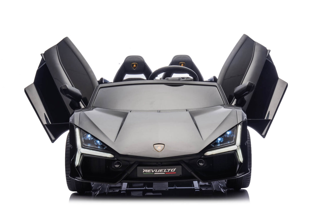 Black 24V Lamborghini Revuelto two-seater kids ride-on car