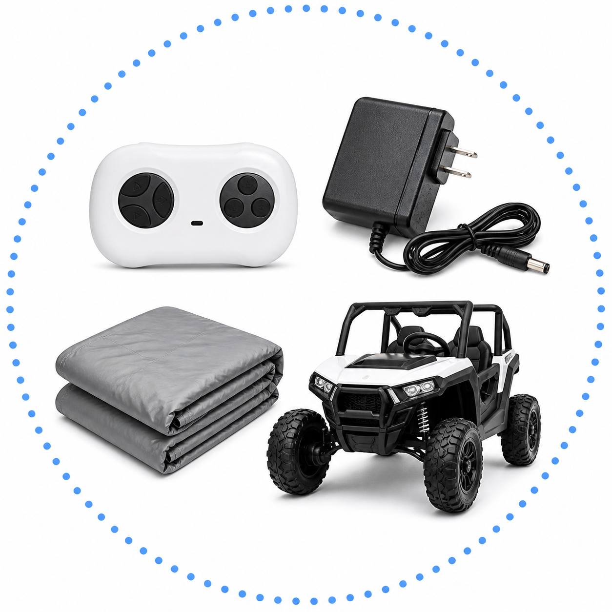 Ride-on car accessories including parental remote, charger, protective cover, and ride-on UTV