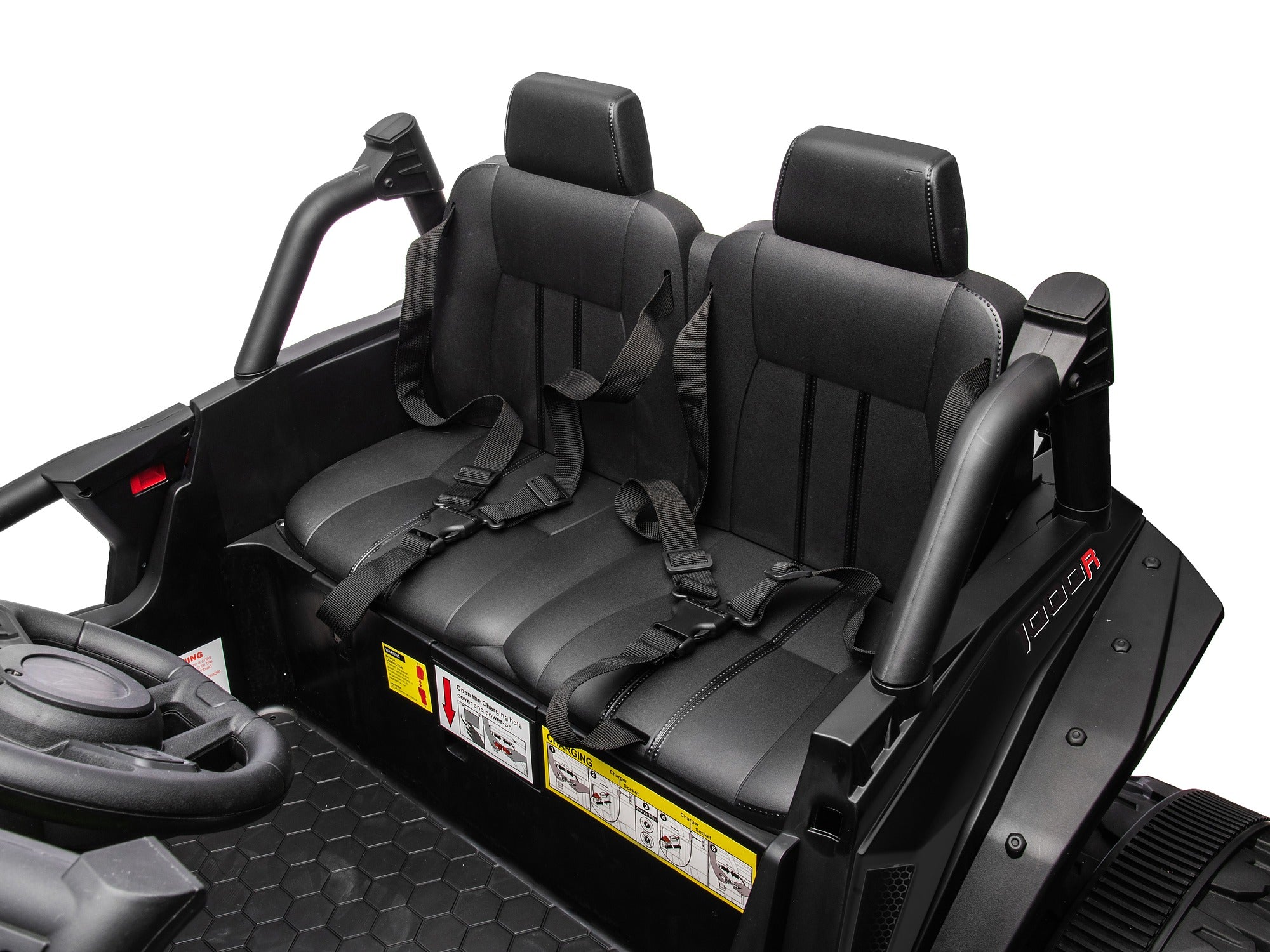 Black Honda Talon 1000R 24V kids ride-on UTV leather seat and cabin view