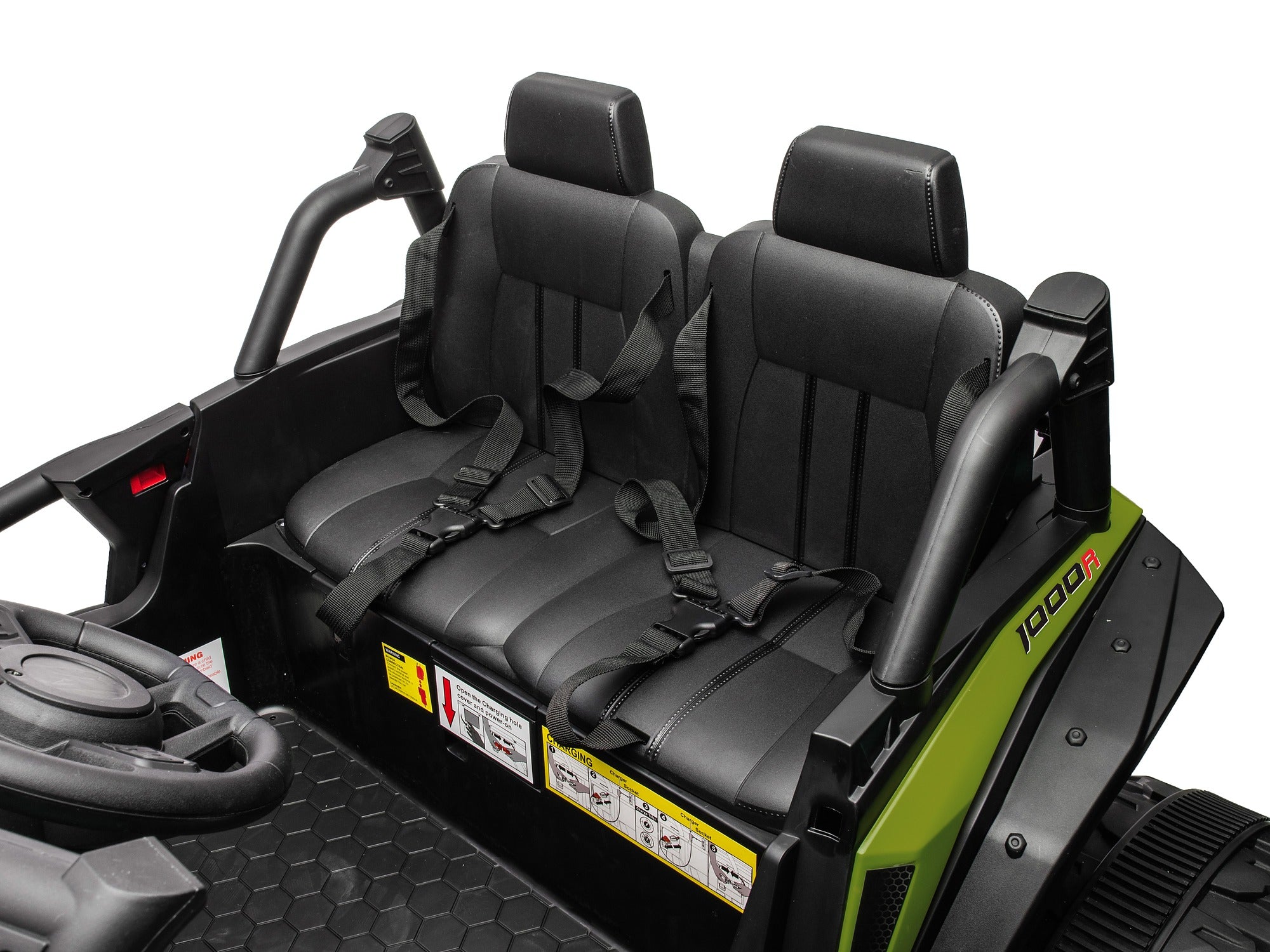Green Honda Talon 1000R 24V kids ride-on UTV leather seat and cabin view